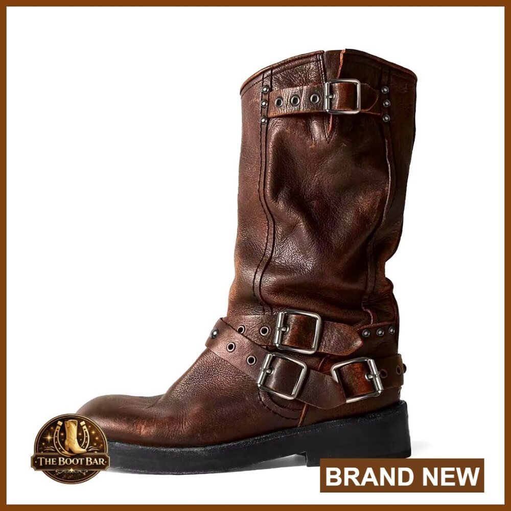 Chunky Heel Motorcycle Boots Mid Calf Square Toe Buckle Biker Booties Slip On